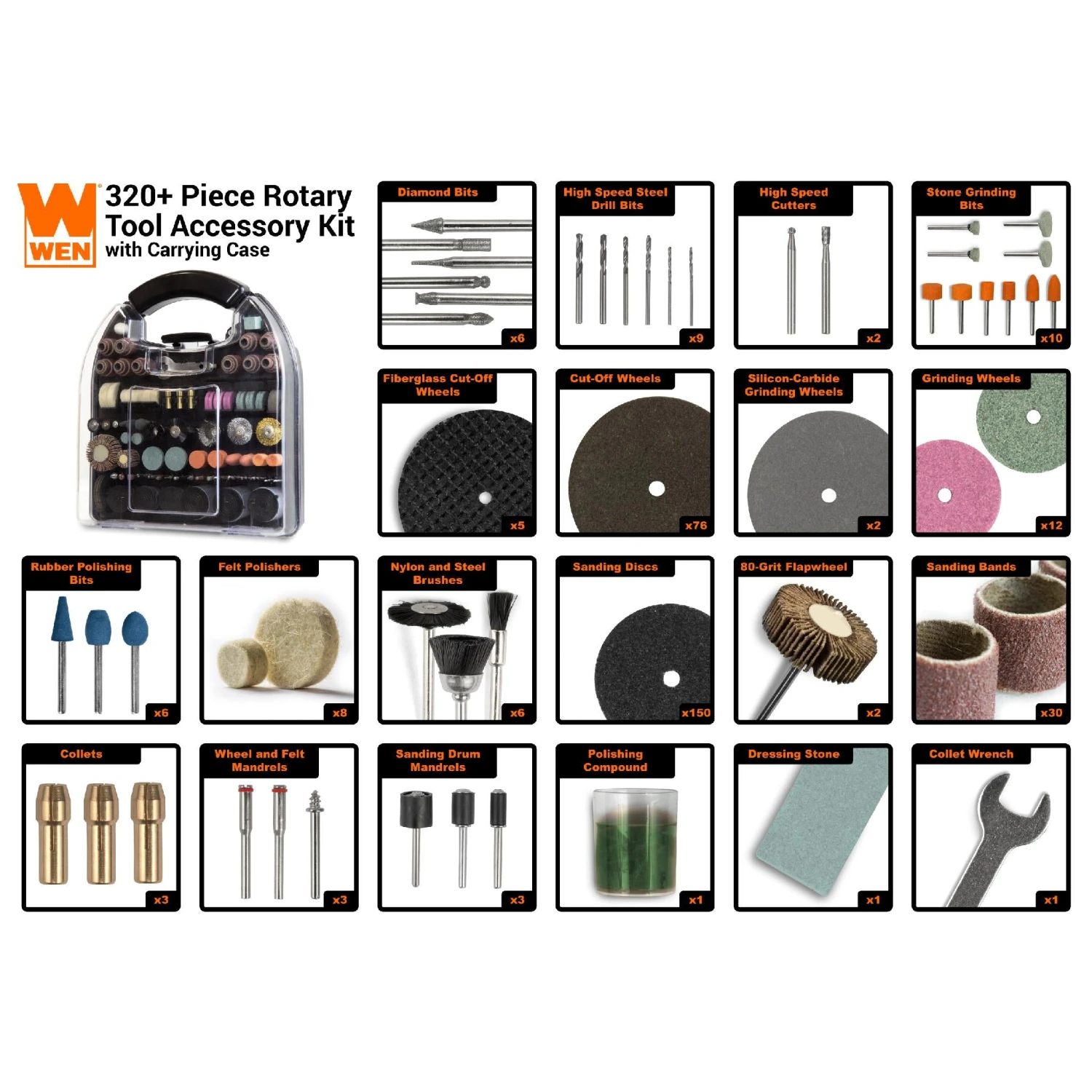 WEN 230321A 320-Piece Rotary Tool Accessory Kit With Carrying Case(320 Piece Rotary Tool Accessory Kit With Carrying Case) 5 WEN 230321A 320-Piece Rotary Tool Accessory Kit With Carrying Case(320 Piece Rotary Tool Accessory Kit With Carrying Case) - Image 3